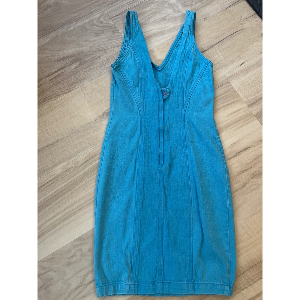 Studebaker Venice Vintage Denim Sheath Dress Turquoise Blue V-Neck Mini Size M - Picture 6 of 9